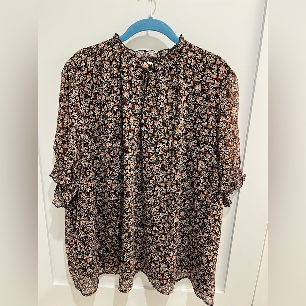Mock neck floral keyhole puff sleeves chiffon peasant top autumn boho 2x size 2